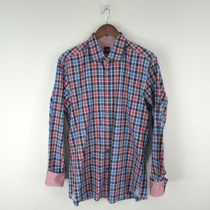BOSS Hugo Boss Shirt Mens Large Red Blue Plaid Regular Fit Obert Flip Cuff